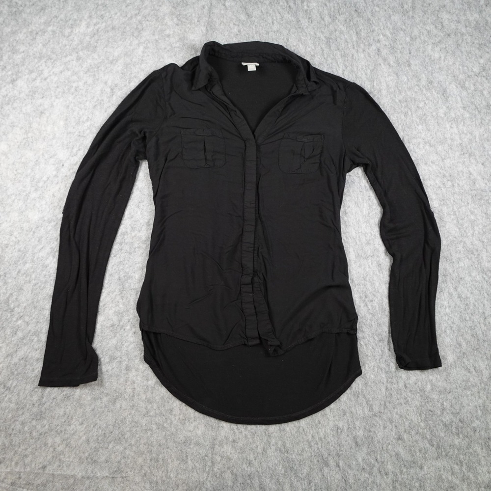 Converse One Star Top Women Extra Small Black Button Down High Low Roll Tab Slv